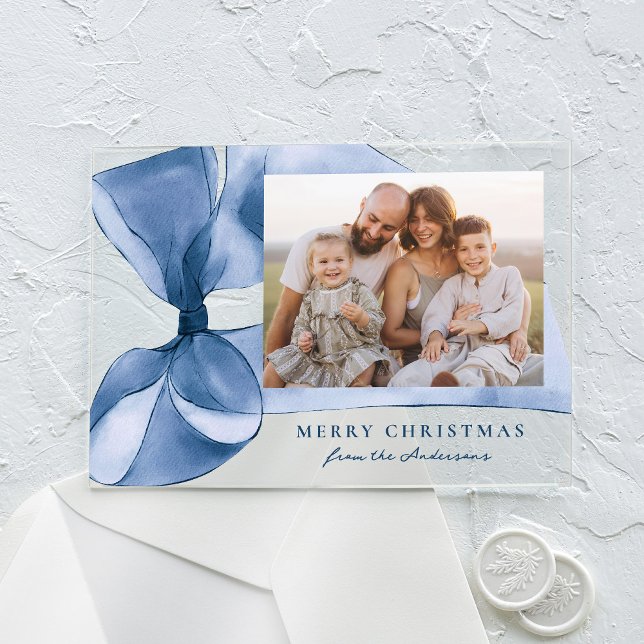 Elegant Blue Watercolor Bow Photo Holiday Card Acrylic Invitations (Creator Uploaded)