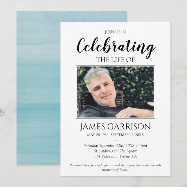 Elegant Blue Watercolor Celebration of Life Photo Invitation (Front/Back)