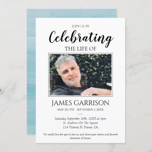 Elegant Blue Watercolor Celebration of Life Photo Invitation