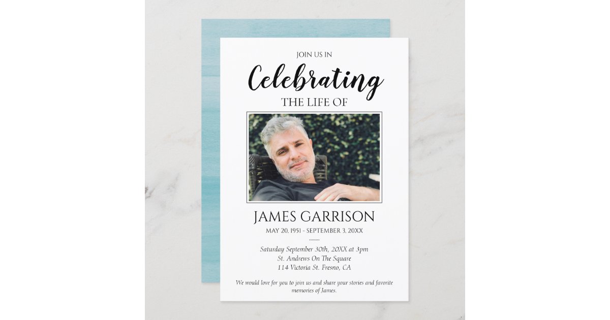Elegant Blue Watercolor Celebration of Life Photo Invitation Zazzle