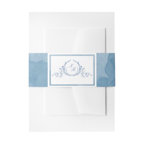 Elegant Blue Watercolor Classic Monogram Wedding Invitation Belly Band