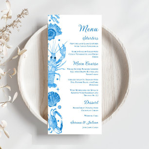Elegant Blue Watercolor Coastal Seafood Wedding Menu