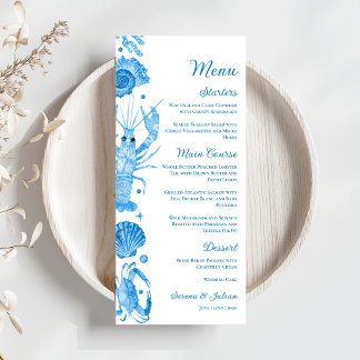 Elegant Blue Watercolor Coastal Seafood Wedding Menu