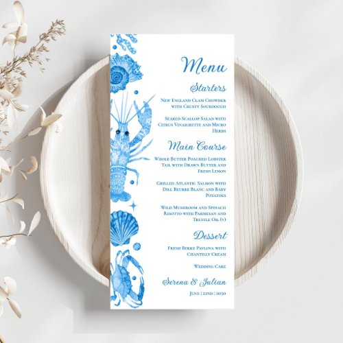 Elegant Blue Watercolor Coastal Seafood Wedding Menu