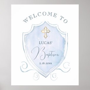 Elegant Blue Watercolor Crest Baptism Welcome Poster