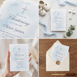Elegant Blue Watercolor Cross Christening Invitation