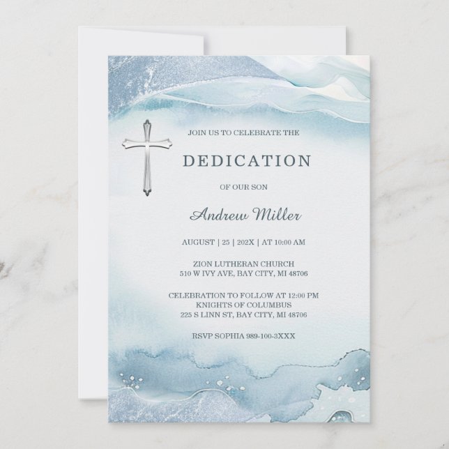 Elegant Blue Watercolor Dedication for Boy Invitation (Front)