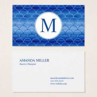 Elegant Blue Watercolor Fan Shape Pattern Monogram Business Card