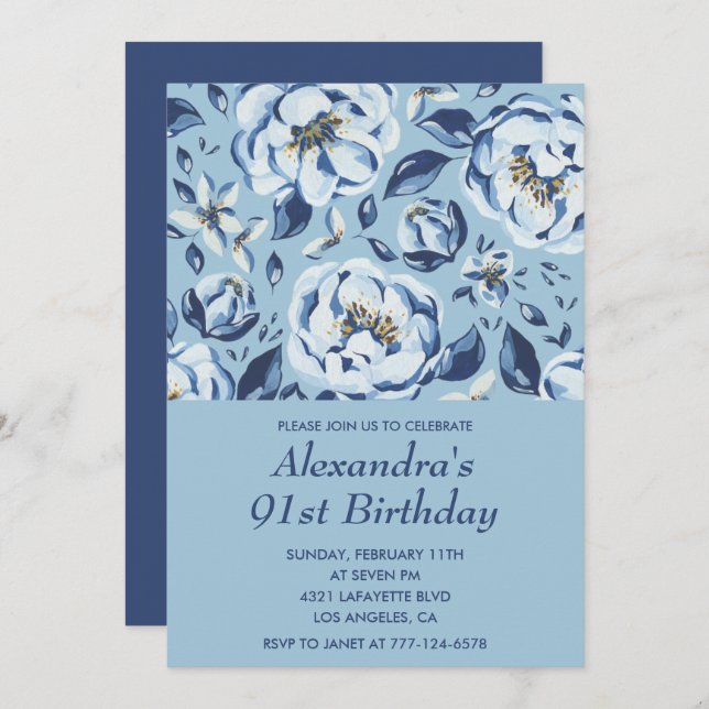 Elegant Blue Watercolor Floral 91st birthday Invitation (Front/Back)