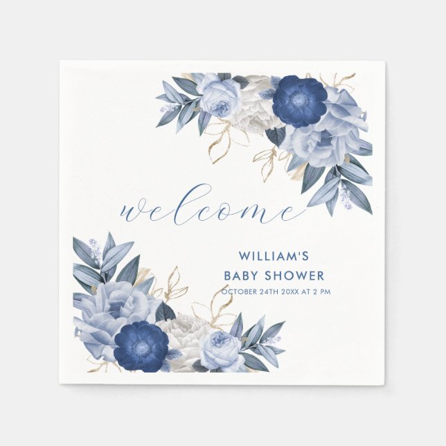 Elegant Blue Watercolor Floral Baby Shower  Napkins (Front)