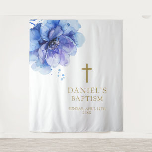 Elegant Blue Watercolor Floral Baptism Backdrop