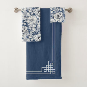 Elegant Blue Watercolor Floral Botanical Flower Bath Towel Set
