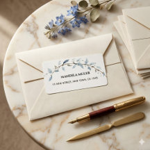 Elegant Blue Watercolor Floral Branch Return Addr