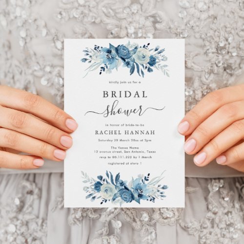 Elegant blue watercolor floral bridal shower invitation