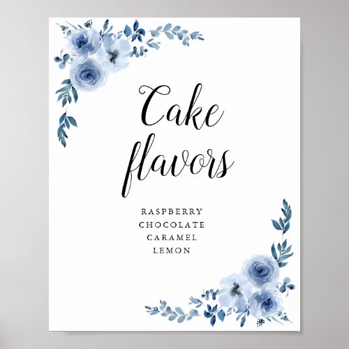 Elegant Blue watercolor floral cake flavors sign