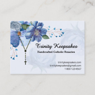 Elegant Blue Watercolor Floral Catholic Rosary Business Card