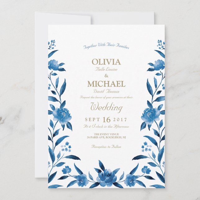 Elegant blue Watercolor floral Chinoiserie Wedding Invitation (Front)
