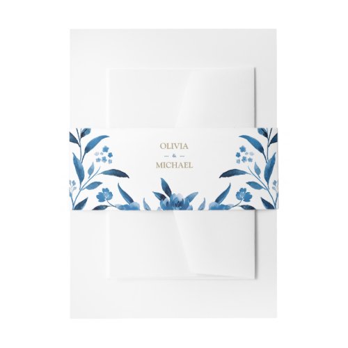 Elegant blue Watercolor floral Chinoiserie Wedding Invitation Belly Band