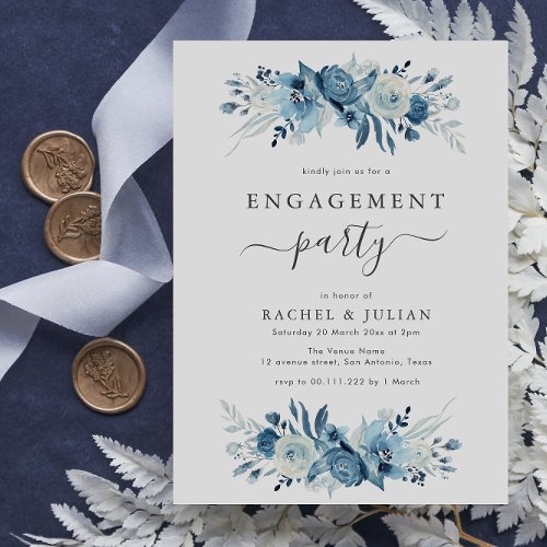 Elegant blue watercolor floral engagement party invitation
