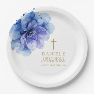 Elegant Blue Watercolor Floral Holy Communion Paper Plates