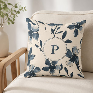 Elegant Blue Watercolor Floral Monogram Cream Throw Pillow