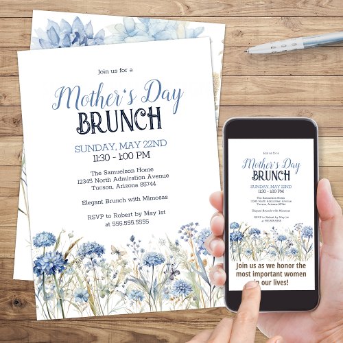 Elegant Blue Watercolor Floral Mothers Day Brunch Invitation