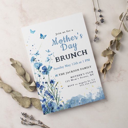 Elegant Blue Watercolor Floral Mothers Day Brunch Invitation