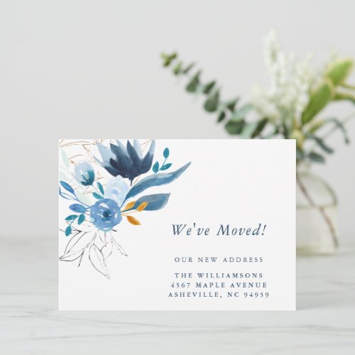 Elegant Blue Watercolor Floral New Home Moving Announcement