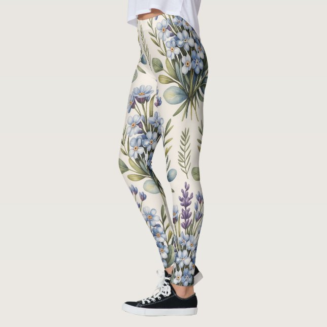 Elegant Blue Watercolor Floral Pattern Leggings (Left)