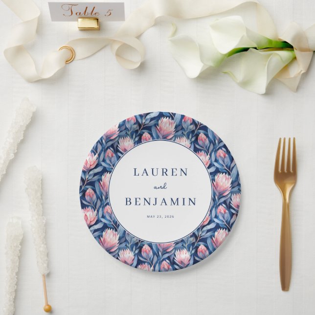 Elegant Blue Watercolor Floral Pattern Paper Plates (Wedding)