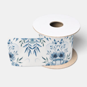 Elegant Blue Watercolor Floral Pattern Satin Ribbon