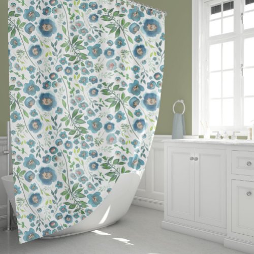 Elegant Blue Watercolor Floral Pattern Shower Curtain