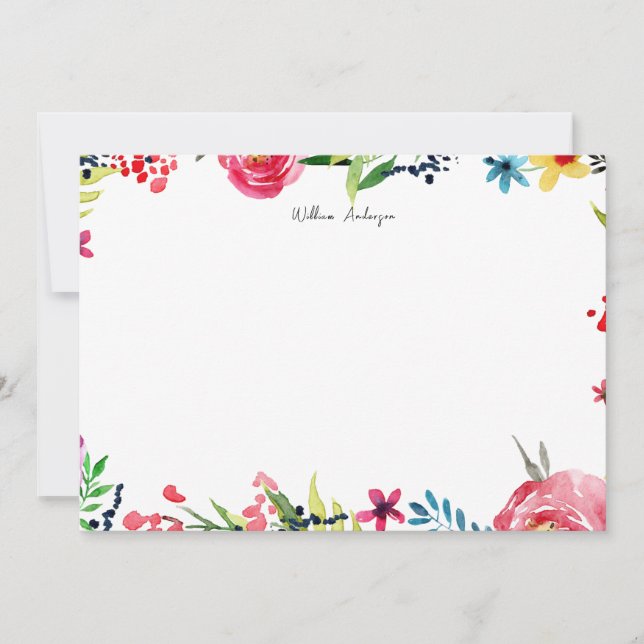 Elegant Blue Watercolor Floral Personal Stationery Note Card (Front)