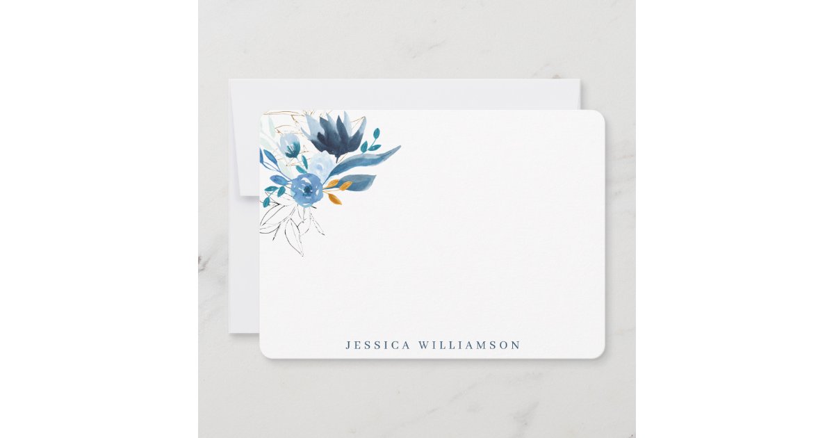 Personalized Notecards - blue watercolor floral %