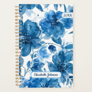 Elegant Blue Watercolor Floral Personalized Planner