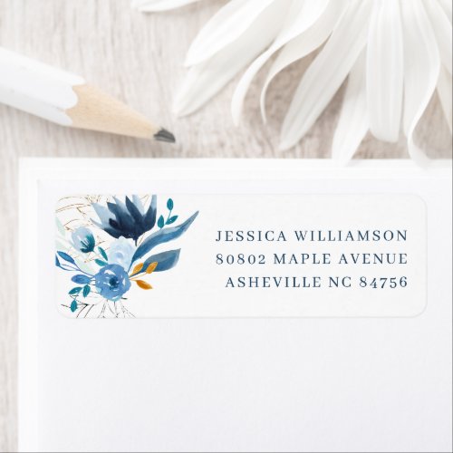Elegant Blue Watercolor Floral Return Address Label