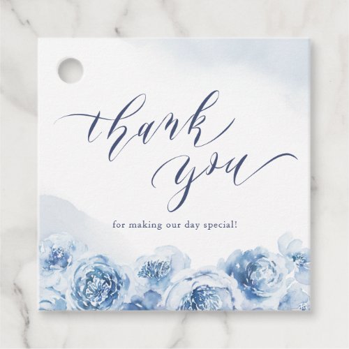 Elegant blue watercolor floral thank you script favor tags