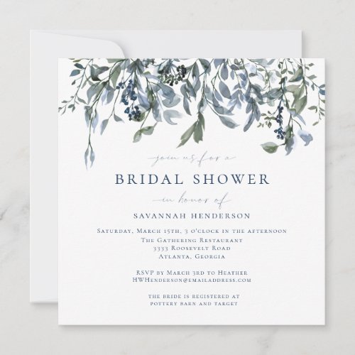 Elegant Blue Watercolor Floral Vines Bridal Shower Invitation