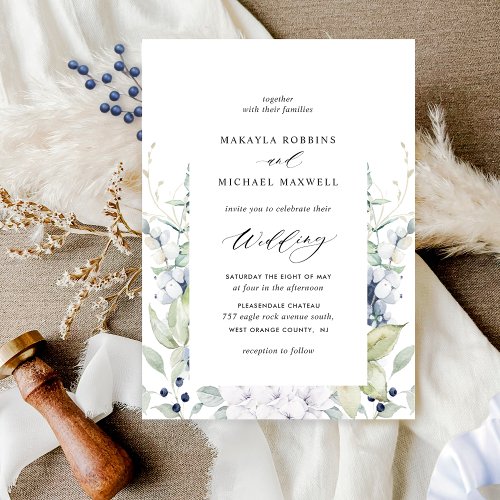 Elegant Blue Watercolor Floral w Greenery Wedding Invitation