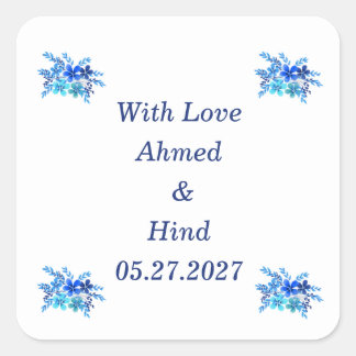 Elegant Blue Watercolor Floral Wedding Favor Square Sticker