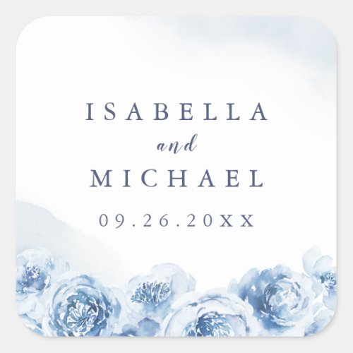 Elegant blue watercolor floral wedding favor square sticker