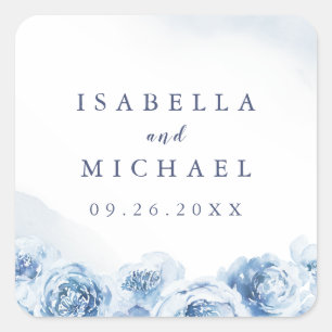 Elegant blue watercolor floral wedding favor square sticker
