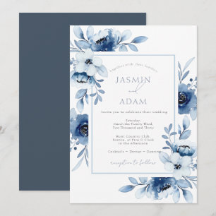Elegant Blue Watercolor Floral Wedding Invitation