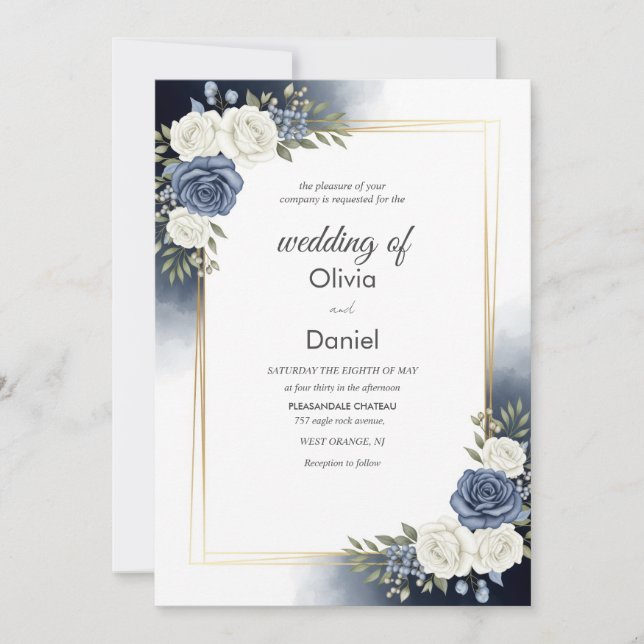 Elegant Blue Watercolor Floral Wedding Invitation  (Front)