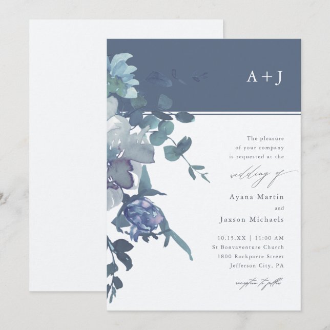 Elegant Blue Watercolor Floral Wedding Invitation (Front/Back)
