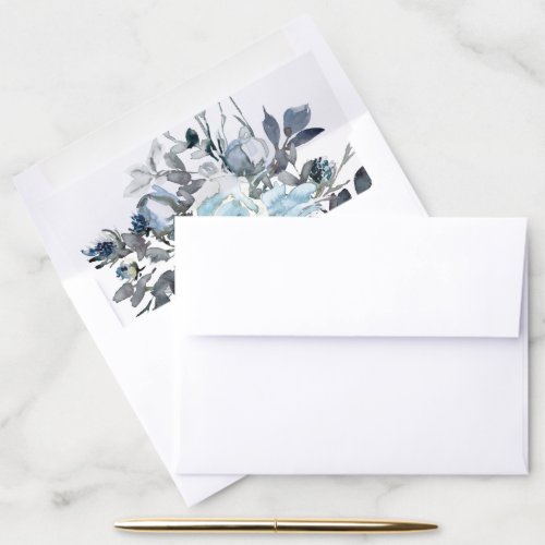 Elegant Blue Watercolor Floral Wedding Invitation Envelope Liner