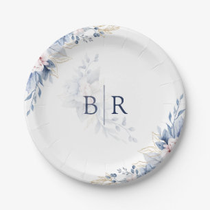Elegant Blue Watercolor Floral Wedding Paper Plates