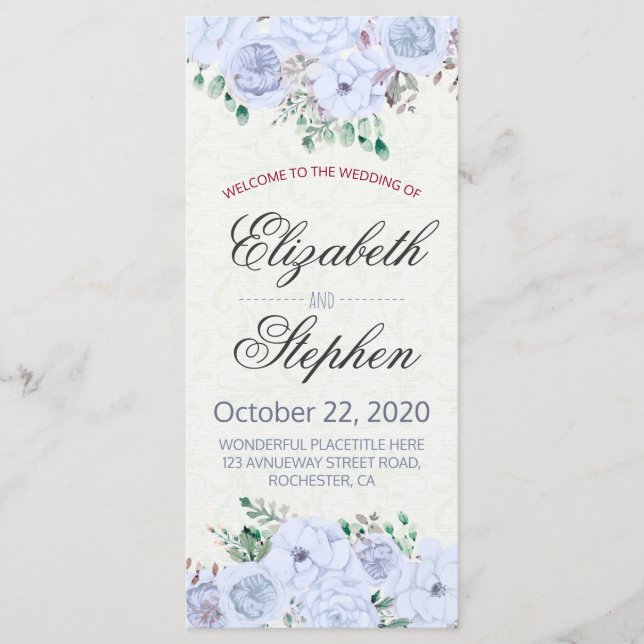 Elegant Blue Watercolor Floral Wedding Program (Front)