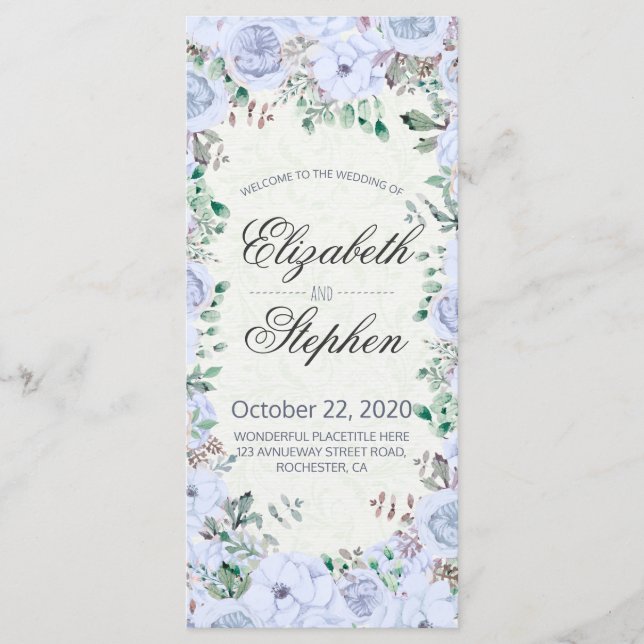 Elegant Blue Watercolor Floral Wedding Program (Front)
