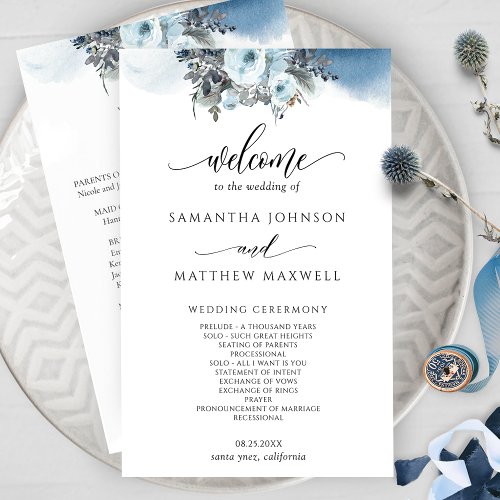 Elegant Blue Watercolor Floral Wedding Program